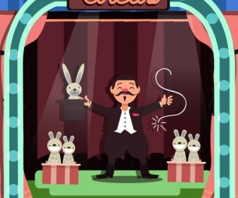 Circus Background Magician Rabbit Icons Colored Cartoon