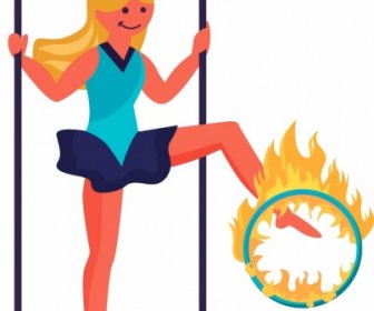 서커스 배경 소녀 불꽃 아이콘 만화 디자인 수행