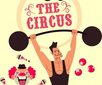 Circus Banner Athlete Clown Performance Icons Cartoon Design