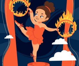 цирк баннер леди выполнения огня эскиз мультфильм дизайн