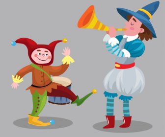 Circus Clown Icons Cartoon Characters Sketch
