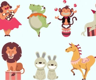Circus Design Elements Colored Cartoon Characters