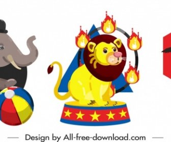 서커스 디자인 요소 코끼리 사자 곰 성능 아이콘