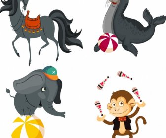 서커스 디자인 요소 말 물개 원숭이 코끼리 스케치