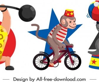 Circus Design Elements Performer Animals Icons Cartoon Characters