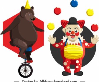 Circus Design Elements Performing Bear Clown Icons