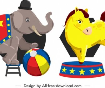 Zirkus-Design-Elemente Ausführen Elefant Pferd Symbole