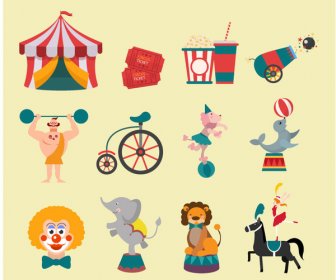 Zirkus-Design-Elemente Mit Flachen Farbigen Stil Illustration