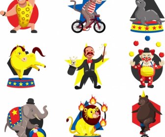 Circus Icons Collection Colored Cartoon Characters Design