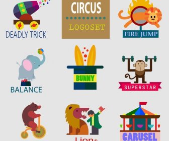 Circus Logo Sets With Flat Colored Emblems Design