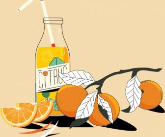 柑橘系のフルーツジュースの絵画は古典的な手描きのデザインを着色しました