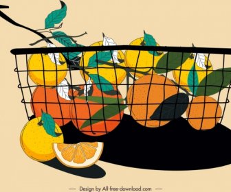 柑橘類の果物バスケット絵画カラフルな古典的な手描きのスケッチ