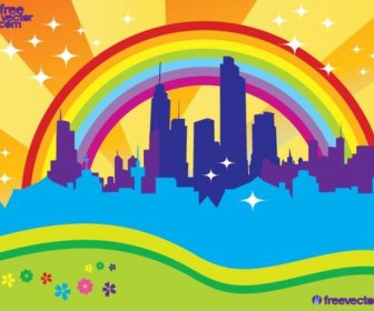City Background Building Rainbow Icons Colorful Decor