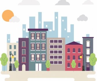 City Background High Buildings Icons Colored Flat Design