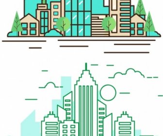 City Background Modern Architecture Icon Colored Flat Sketch