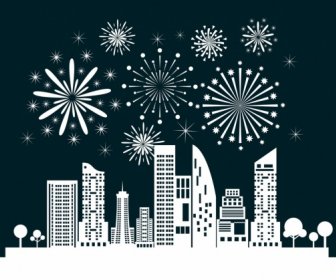 City Fireworks Background White Silhouette Design Style