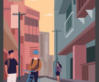 Poster Kehidupan Kota Diwarnai Desain Kartun Sketsa Kontemporer
