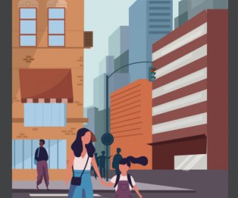 Kehidupan Kota Poster Jalan Pejalan Kaki Sketsa Desain Kartun