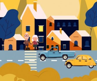 City Painting Road Cars Pedestrian Houses Icons Decor