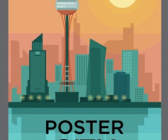 Poster Kota Berwarna Sketsa Datar Dekorasi Modern