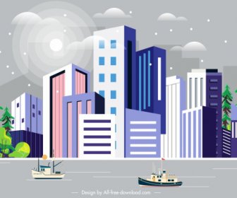 도시 장면 그림 다채로운 장식 고층 빌딩 강변 스케치