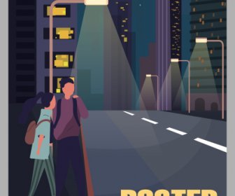 Pemandangan Kota Poster Desain Kartun Sketsa Jalanan Malam