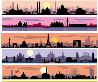 City Sunset Silhouette Vector Graphics