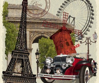 Mobil Klasik Dan Perjalanan Vintage Poster Vektor
