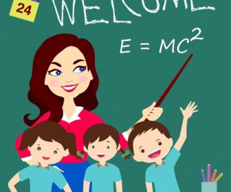 Classroom Background Teacher Pupil Blackboard Icons Colored Cartoon