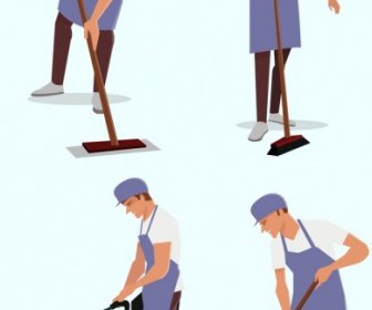Cleaning Man Icons Colored Cartoon Characters