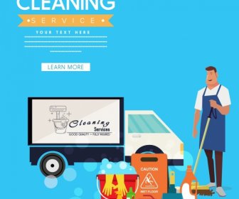 Cleaning Service Advertisement Male Truck Icons Webpage Style