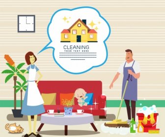 Cleaning Service Banner Family Member Icons Colored Cartoon