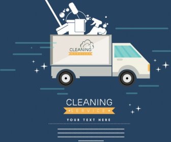 ทำความสะอาดเครื่องประดับบริการแบนเนอร์รถบรรทุกทำงานบ้านเครื่องมือไอคอน