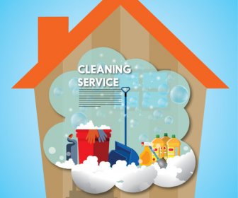 Cleaning Service Banner With Households Sets Illustration
