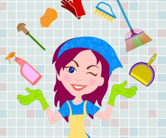 Cleaning Service Design Element Woman Icon Tools Decoration