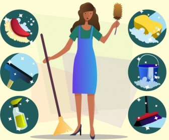 Cleaning Service Design Elements Woman Tools Icons Decor