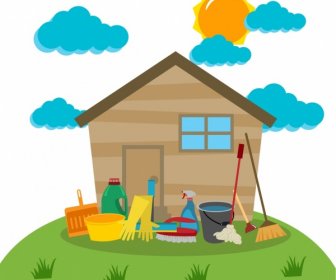 Cleaning Tools Design Elements Household Icons Colored Cartoon