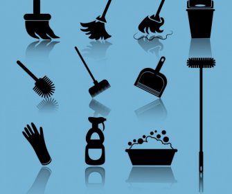 Cleaning Tools Icons Collection 3d Black Silhouettes Design