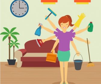 Cleaning Work Background Female Icons Multitasking Style