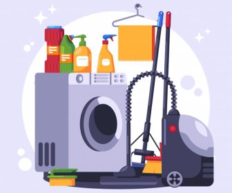Cleaning Work Banner Washing Tools Sketch Colorful Flat
