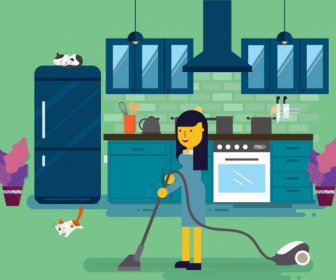 Cleaning Work Drawing Woman Vacuum Cleaner Icons