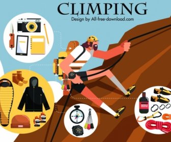 Escalada Banner De Publicidade Alpinista Acessórios Pessoais ícones