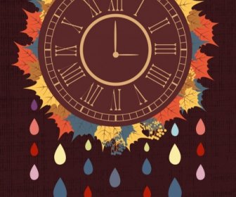 Clock Latar Belakang Gaya Vintage Warna-warni Musim Gugur Daun Dekorasi