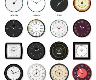 Clock Mode Icons Colored Flat Shapes Sketch