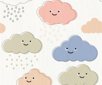 Clouds Background Cute Stylized Icons Multicolored Handdrawn Flat