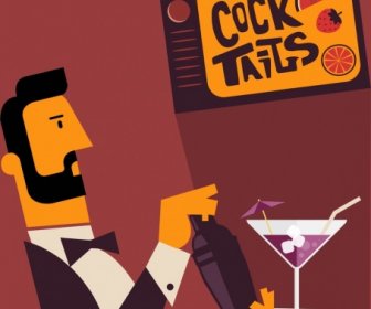 Cocktail-Werbung Banner Eleganten Mann Symbol Farbigen Cartoon