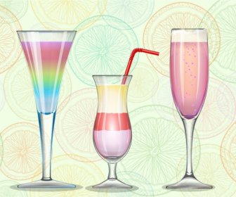 Icone Di Pubblicità Cocktail Di Bicchiere Di Vino Di Frutta Fette Fondo