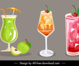 Cocktail Drinks Icons Colorful Elegant Decor