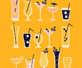 Cocktail Glass Icons Collection Colored Flat Classical Design