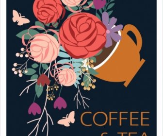 Coffe Tea Background Colorful Flowers Decoration Cup Icon